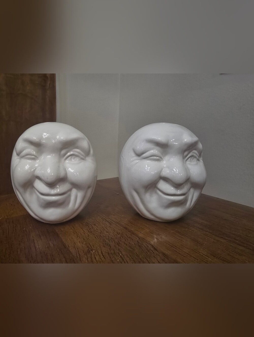 VTG Sarsparilla Faces White Ceramic Salt and Pepper Shakers Set Man In The Moon